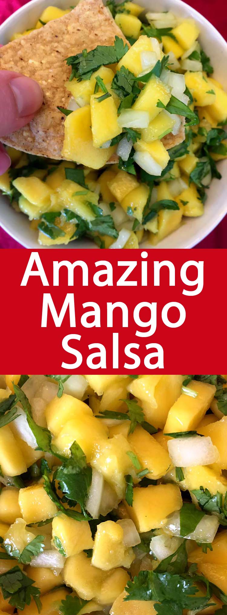 This mango salsa recipe is amazing! So easy to make, healthy and delicious! Perfect for a Mexican fiesta! So addictive, you can eat the whole bowl!