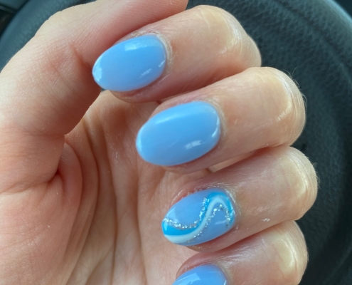 Light Blue Nail Ring Finger Design With Swirls