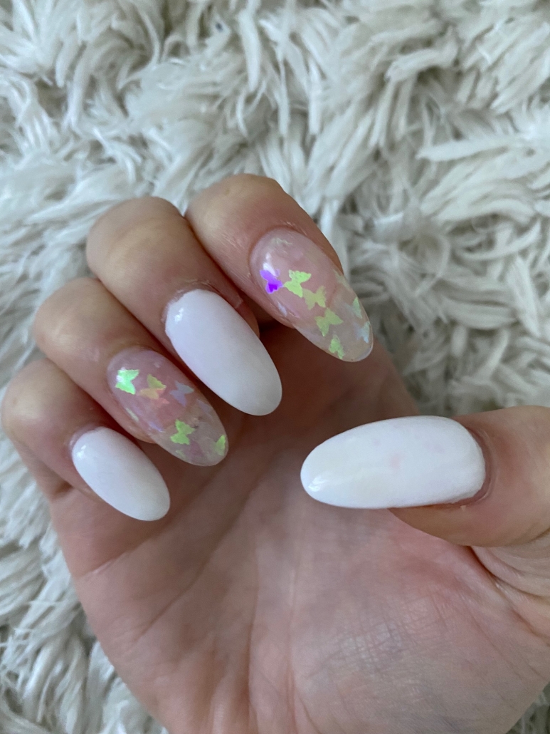 Simple White Nail Design Ideas With Butterfly Stickers