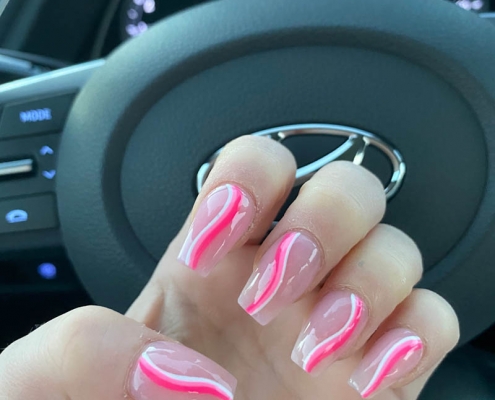 Easy Coffin Nails Design - Pink White Swirls On Nude Nails