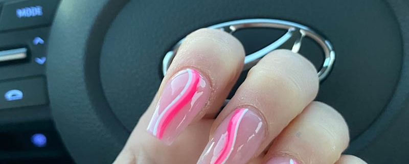 Easy Coffin Nails Design - Pink White Swirls On Nude Nails