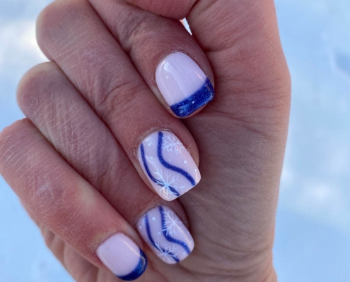 winter snowflake nail designs with blue french nail tips