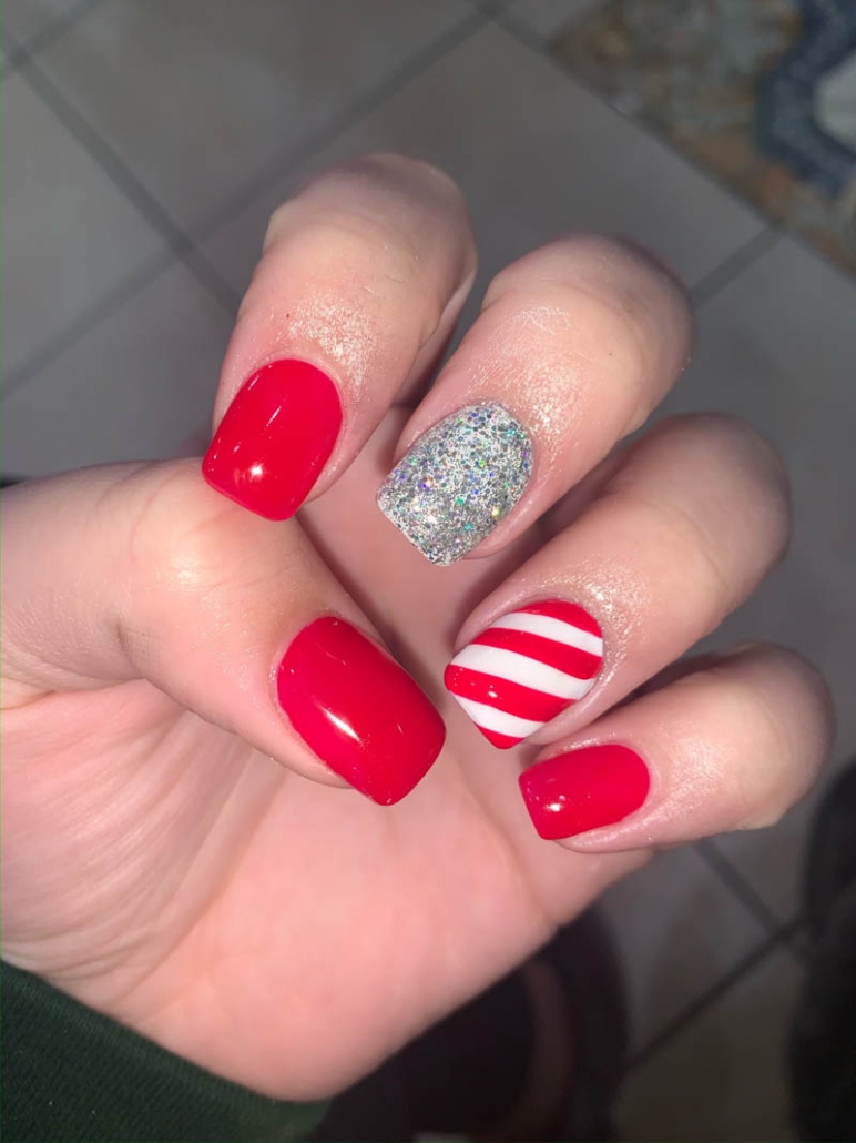 Christmas Candy Cane Nail Design Red White Glitter