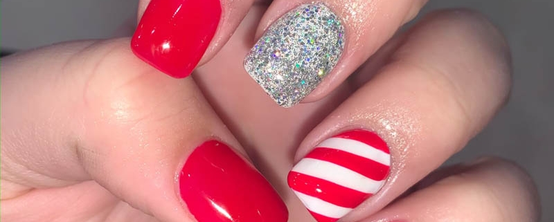 Christmas Candy Cane Nail Design Red White Glitter