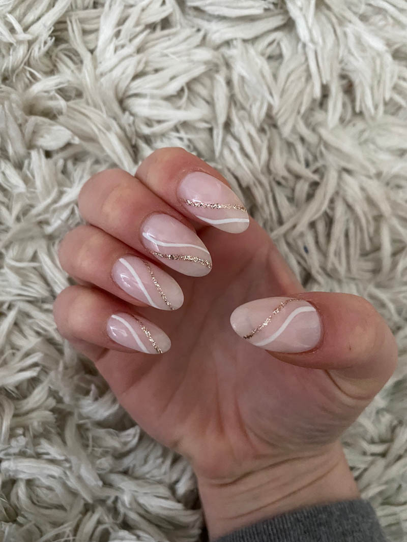 Nude Nails Design Idea With White And Gold Swirls – Vibrant Guide