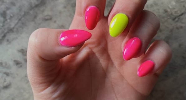 Hot Pink And Neon Green Nails Design