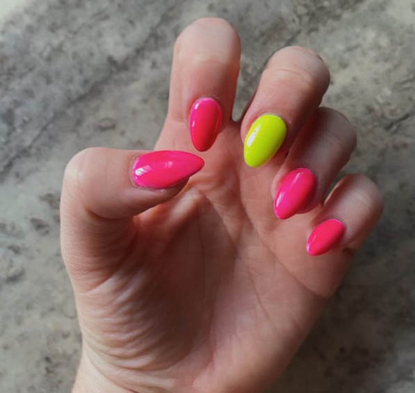 Hot Pink And Neon Green Nails Design