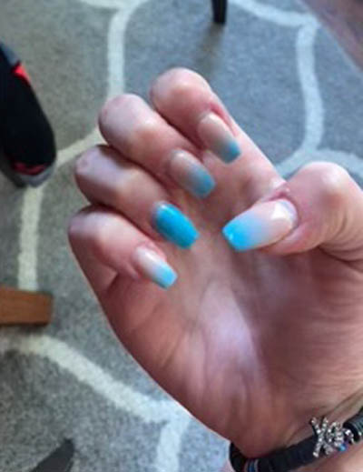 Blue And Beige Ombre Nails With Solid Blue Accent Finger