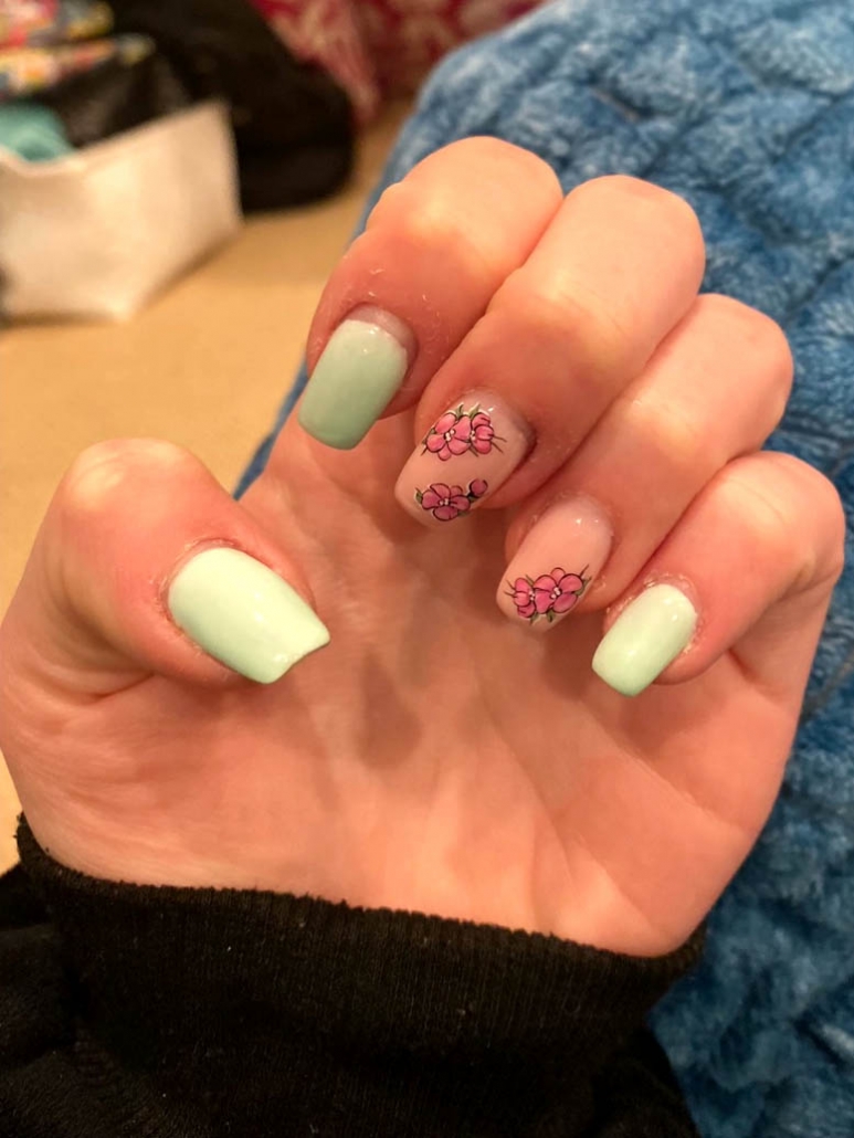 Light Green Nails Flower Designs Ideas