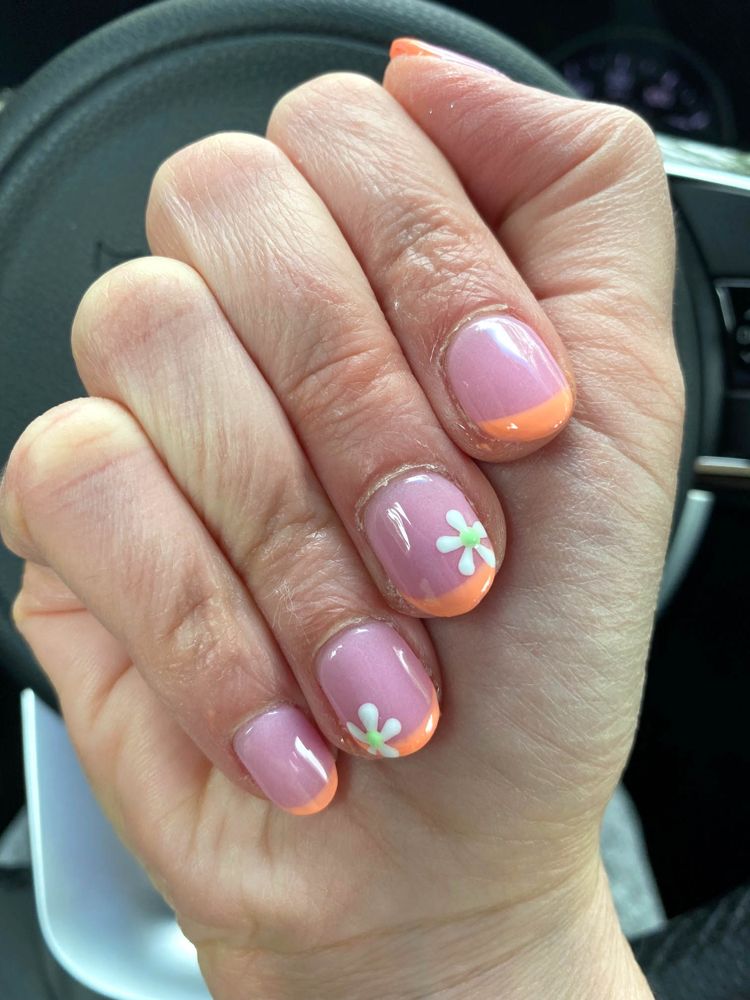 Orange French Tips Nails Manicure With Flowers Nail Design Ideas