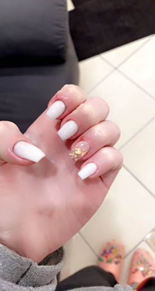 White Nails Manicure With Gold Foil Accent Finger