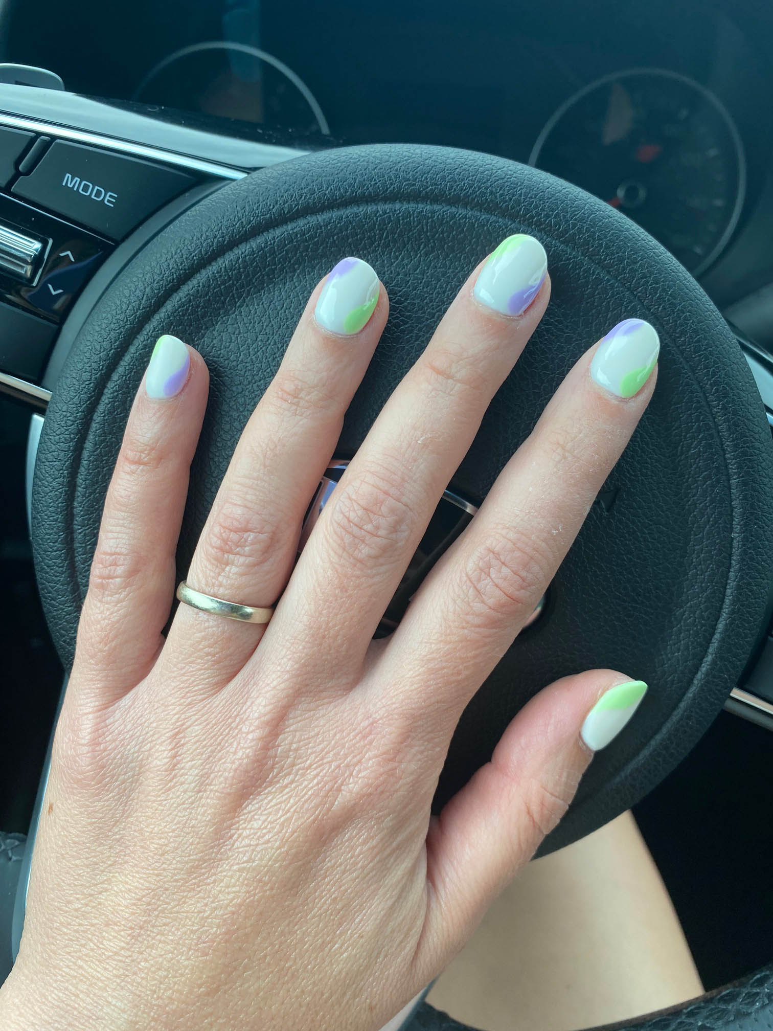 Simple White Nails Design With Light Purple Green Color Block DIY Manicure
