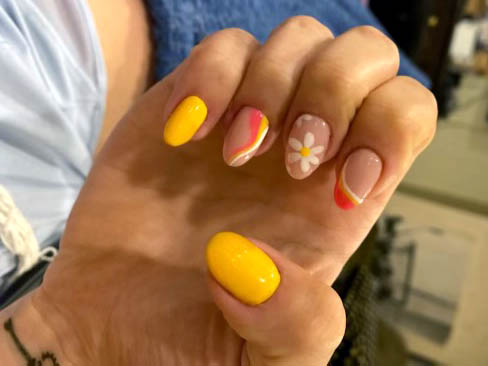 Yellow And Orange Nails Designs With Flowers And Summer Swirls Inspo