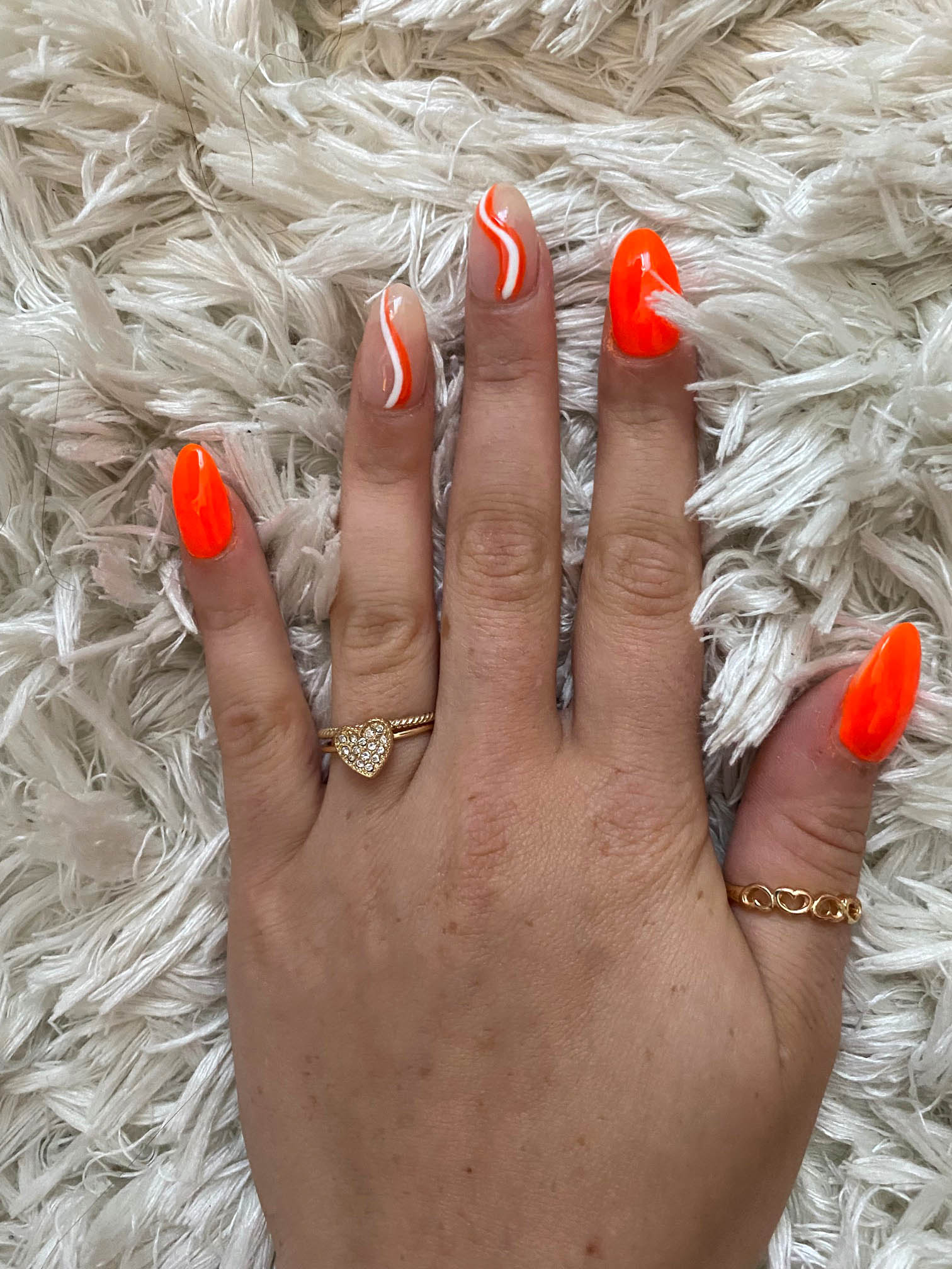 Bright Orange Nails With White Swirls Design Easy Tutorial