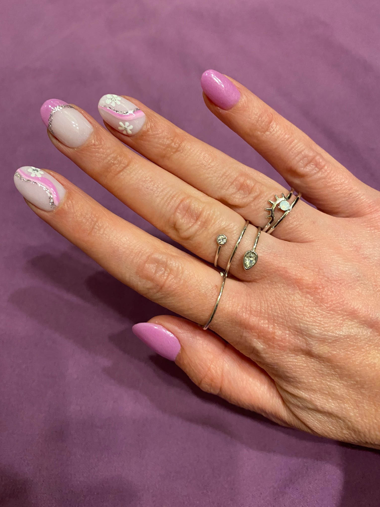  Purple French Tips With Flowers And Glitter Nail Design Tutorial