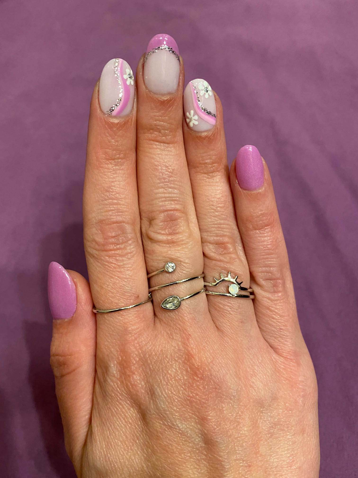  Purple French Tips With Flowers And Glitter Nail Design Ideas