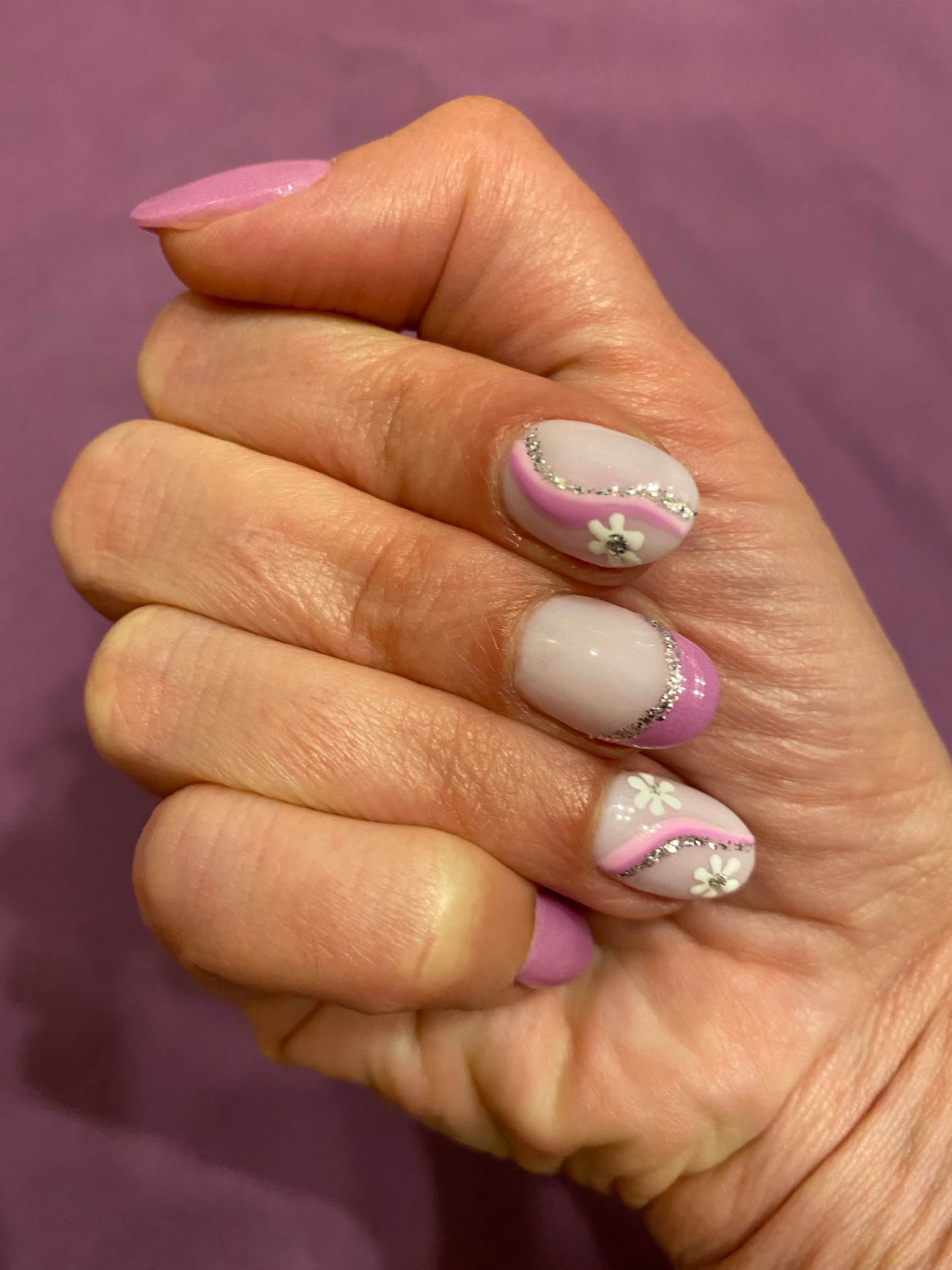 Purple French Nail Tips With Flowers And Glitter Design