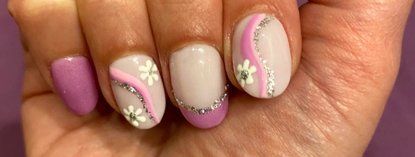 purple nails glitter french flowers 5