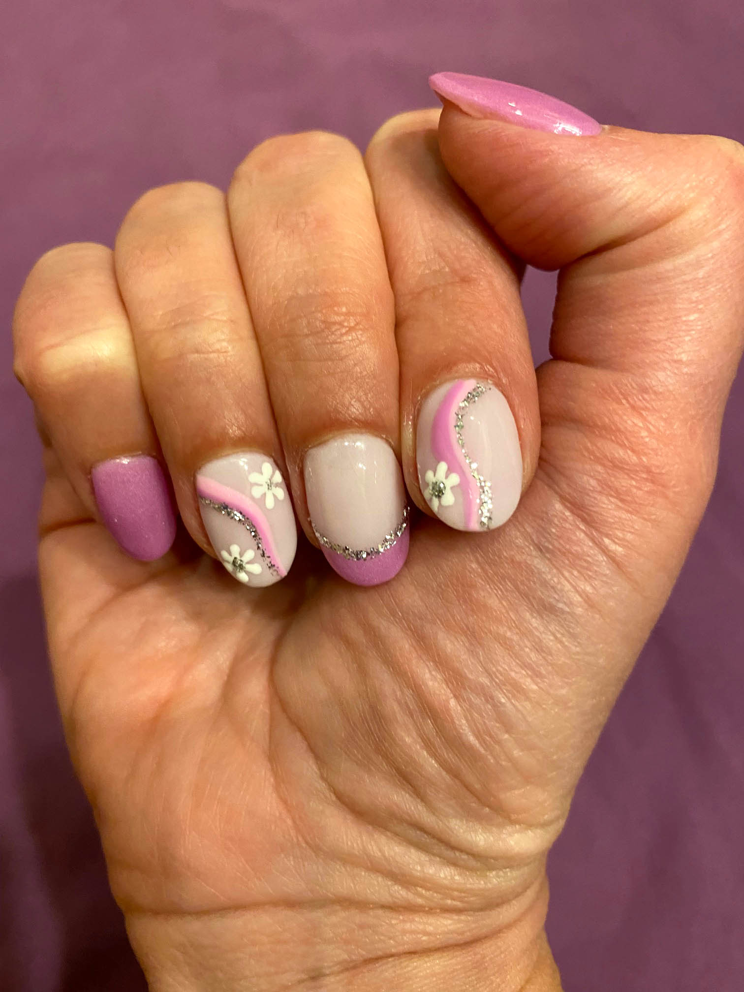 Purple Nails With Glitter Flowers And Purple French Tips