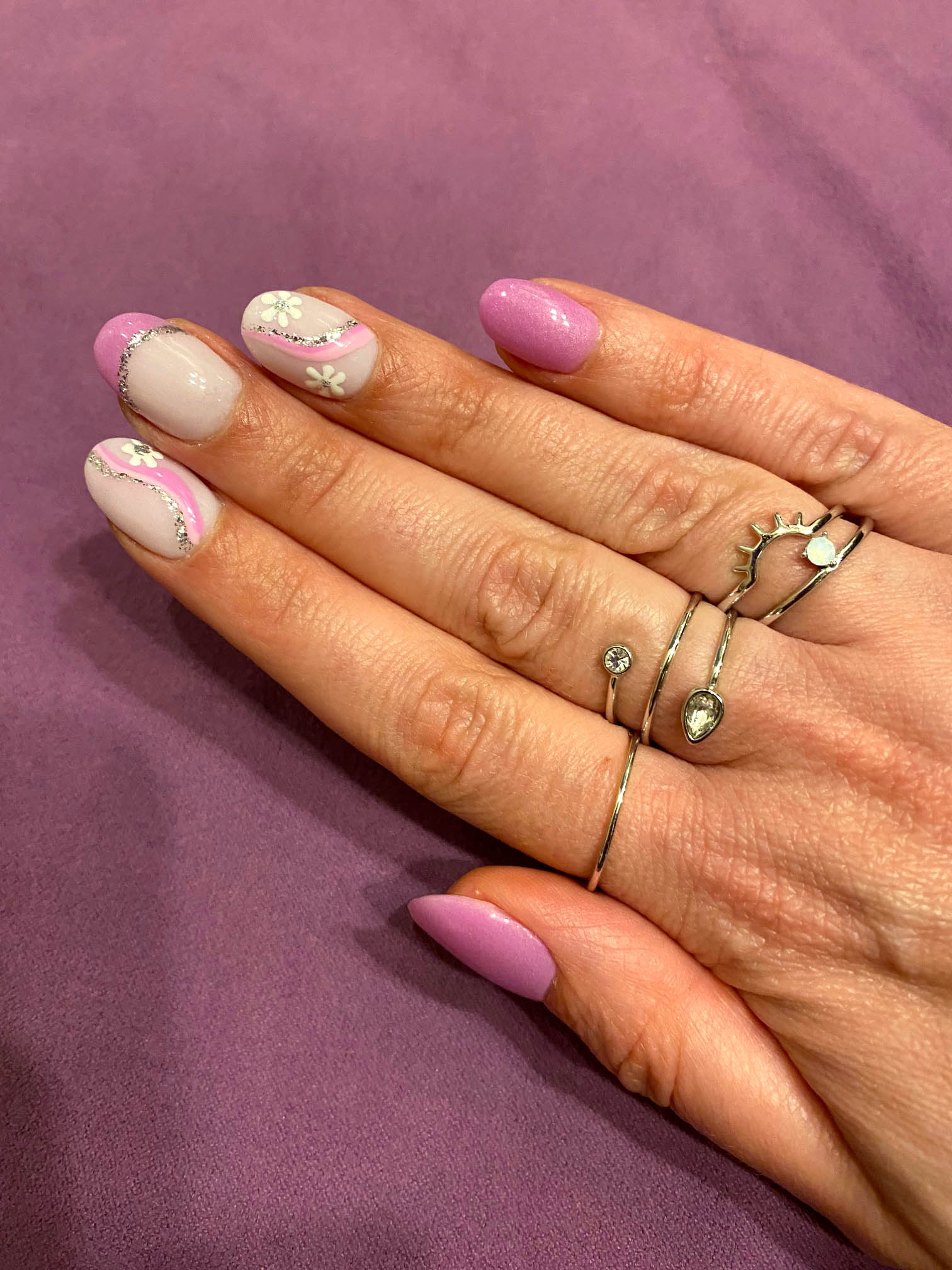  Purple French Tips With Flowers And Glitter Nail Design Inspo