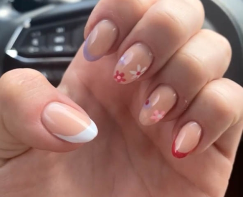 Multicolor French Tips Nails Design With Flowers