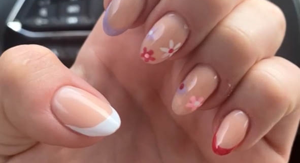 Multicolor French Tips Nails Design With Flowers