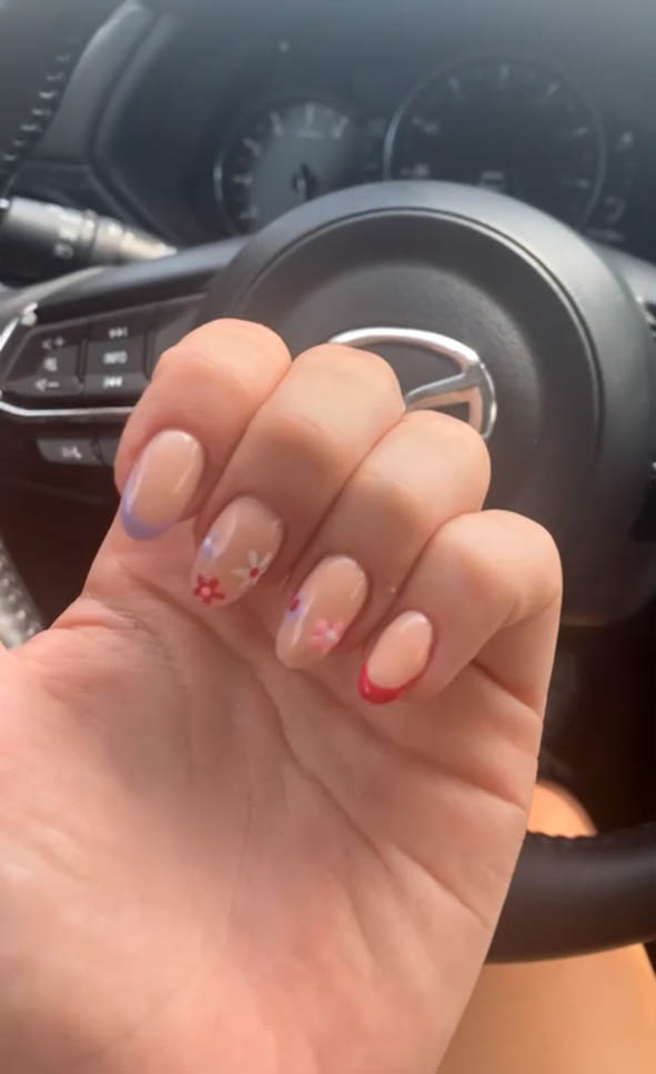 Colorful French Tips Nails Design With Flowers Inspo
