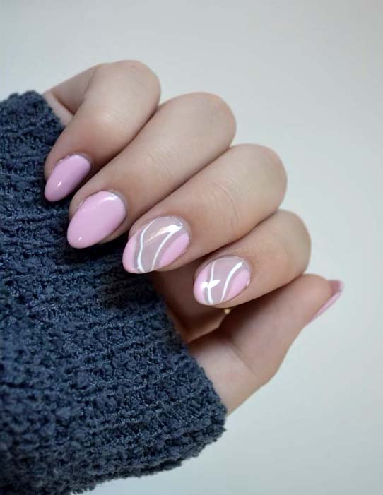 Light Pink Nails With White Lines Design Ideas