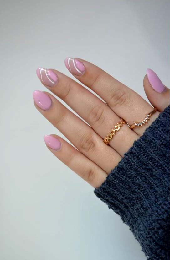 Light Pink Nails With White Lines Design Tutorial