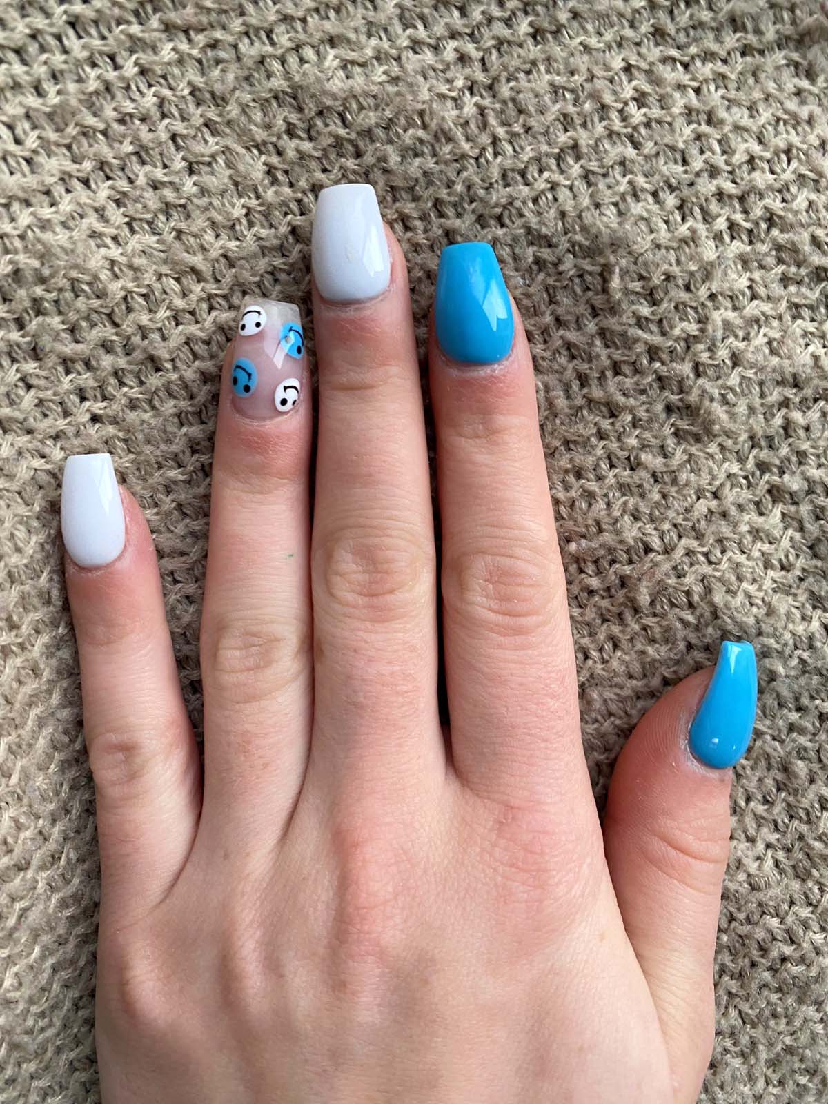 Smiley Face Nails In Blue And White Ideas