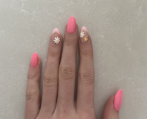 Pink flower nails with French tips
