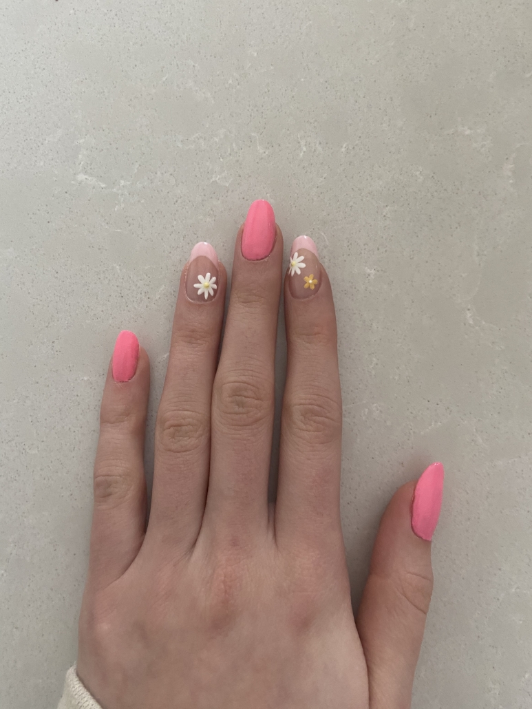 Pink flower nails with French tips