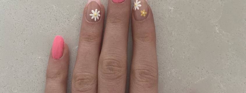 Pink flower nails with French tips