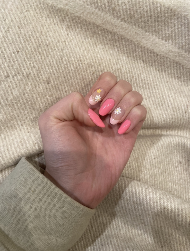 Pink and white flower nails