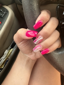 Hot Pink Coffin Nails with White and Silver Swirls