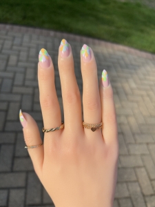 Light Pink Nails with Colorful Pastel Flowers